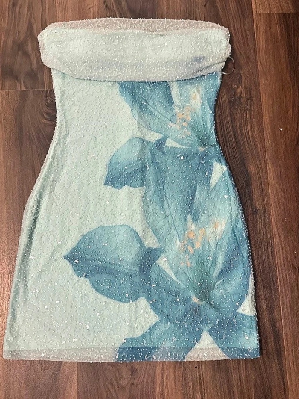 Windsor Astrid Floral Beaded Strapless Mini Dress Blue & White